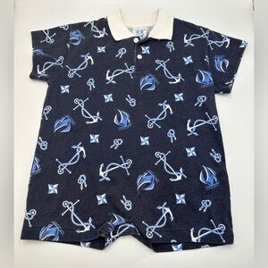 Vintage Kelly’s Kids Blue And White Nautical Print One Piece Romper With Collar